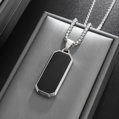 Elegant Stainless Steel Rectangular Pendant Necklace with Black Stone - High-Polished, Sleek Design for Party & Casual Wear