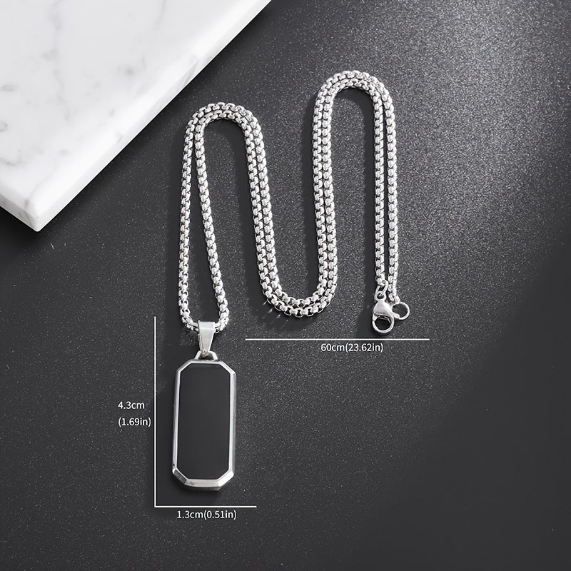 Elegant Stainless Steel Rectangular Pendant Necklace with Black Stone - High-Polished, Sleek Design for Party & Casual Wear