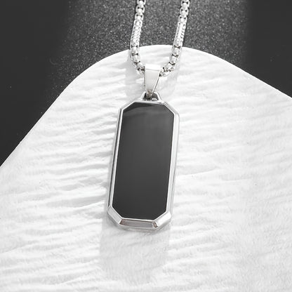 Elegant Stainless Steel Rectangular Pendant Necklace with Black Stone - High-Polished, Sleek Design for Party & Casual Wear