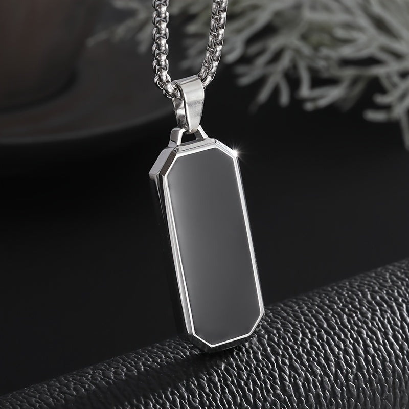 Elegant Stainless Steel Rectangular Pendant Necklace with Black Stone - High-Polished, Sleek Design for Party & Casual Wear