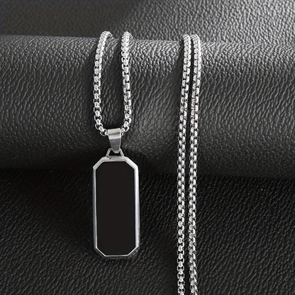 Elegant Stainless Steel Rectangular Pendant Necklace with Black Stone - High-Polished, Sleek Design for Party & Casual Wear