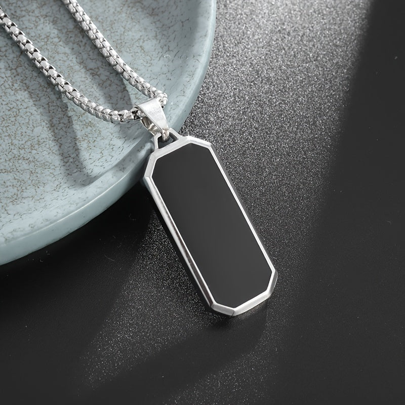 Elegant Stainless Steel Rectangular Pendant Necklace with Black Stone - High-Polished, Sleek Design for Party & Casual Wear